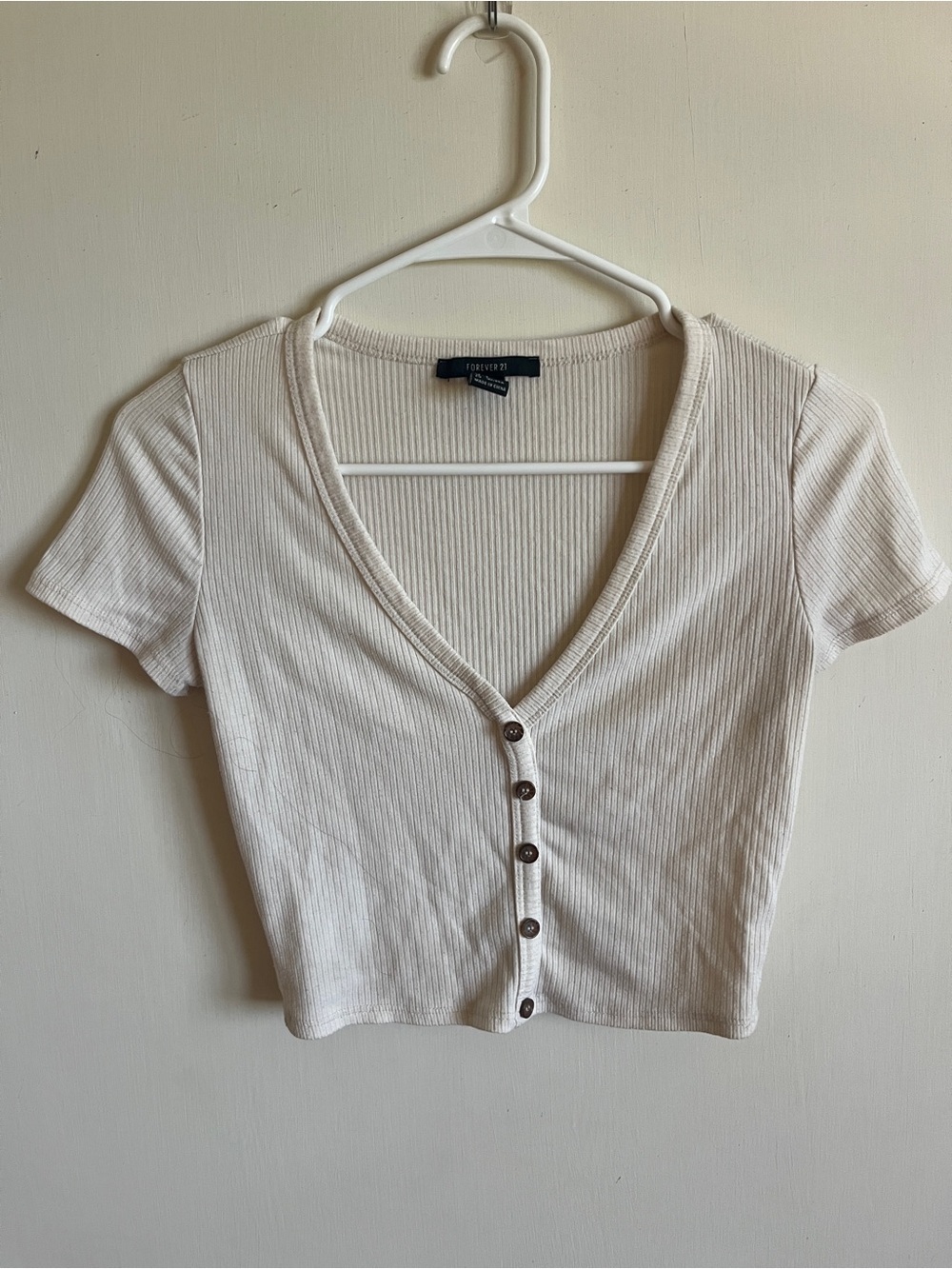 Forever 21 Off-White Ribbed V-Neck Button Crop Top